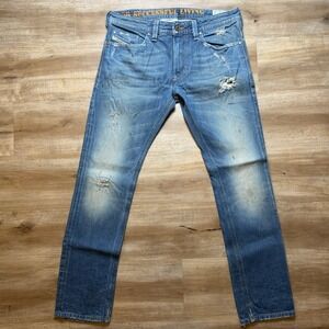 Diesel Thavar Jeans Men 32x30 Blue Slim Skinny Dirty Faded Splattered Wash Italy